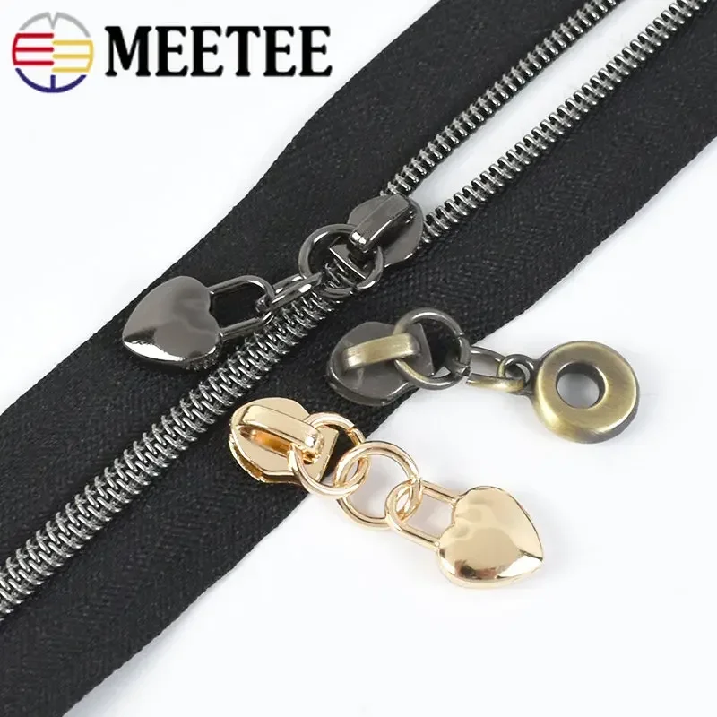 10/50Pcs Meetee Metal 3# Zipper Sliders for Nylon Zippers Heart Pendant Zips Puller Hometextile Zip Head Replacement Accessories