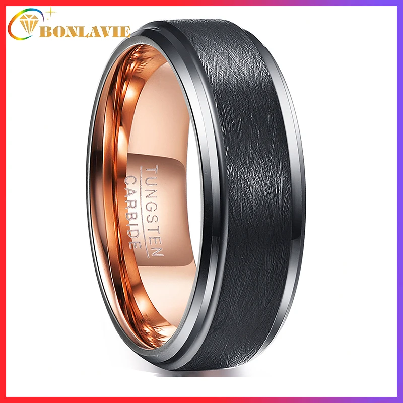 BONLAVIE Men 's Rings 7-12 8MM Width Vacuum Plating Black Matte Surface Polished Rose Gold Inner Ring Tungsten Carbide Ring