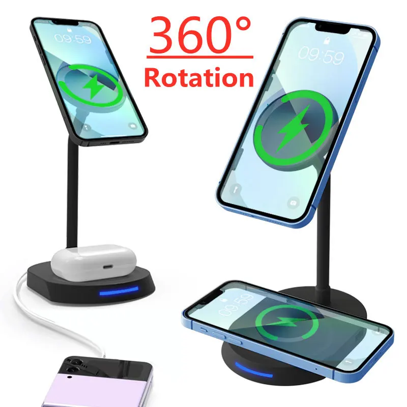 30W Magnetic Wireless Charger 3 in 1 360 Rotate Phone Stand Fast Wireless Charger Macsafe For iPhone 12 13 14 Pro Airpods Pro