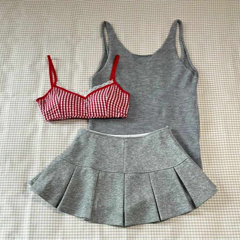 Sweet Solid Gray Crop Tops Sexy Sleeveless Slim Tank Top Fashion Y2K High Street Casual Camis Women Clothes 2024 Summer New