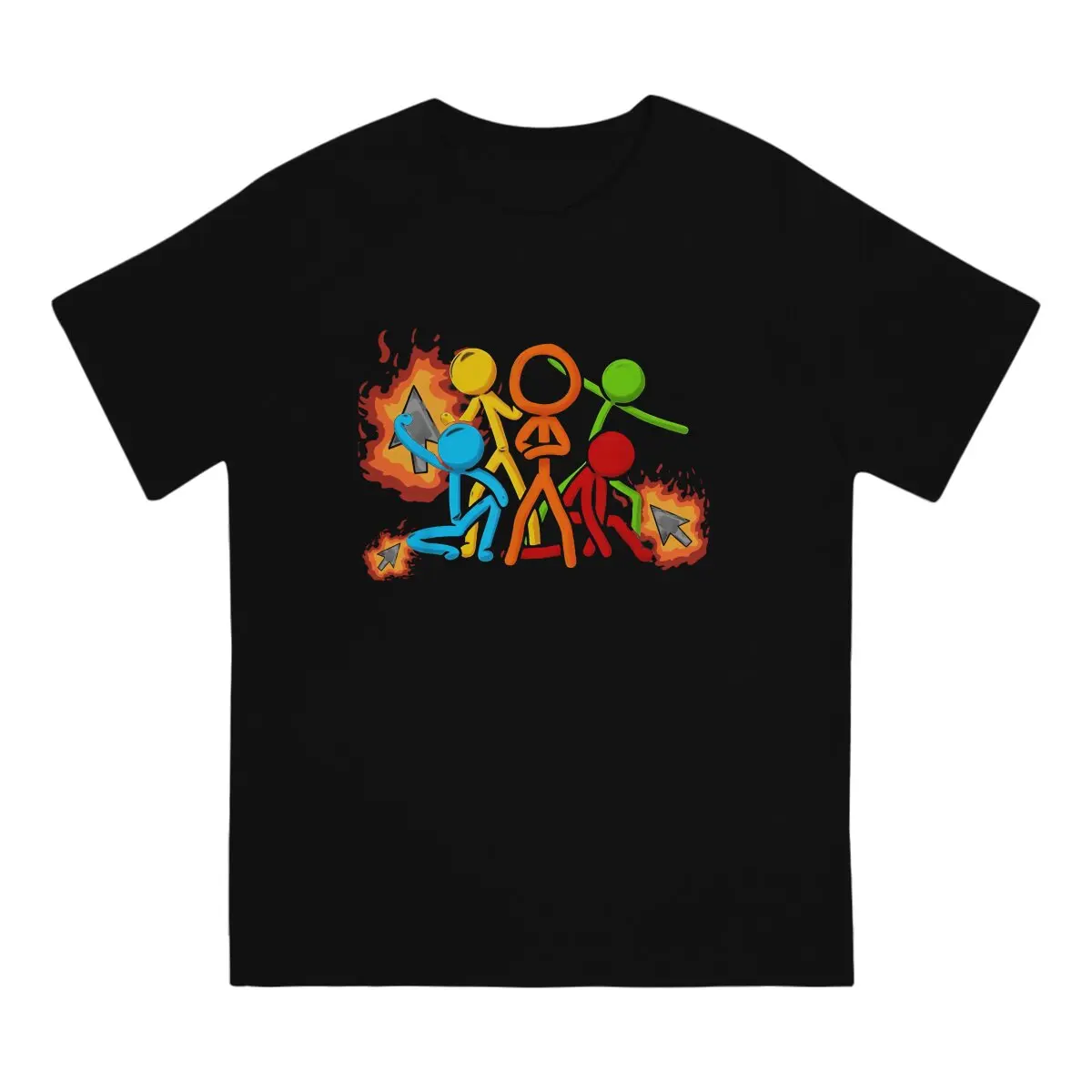 Five Stick Figures with Fire Mouse Pickaxe Unique TShirt Alan Becker Game Casual T Shirt Hot Sale T-shirt For Men Women