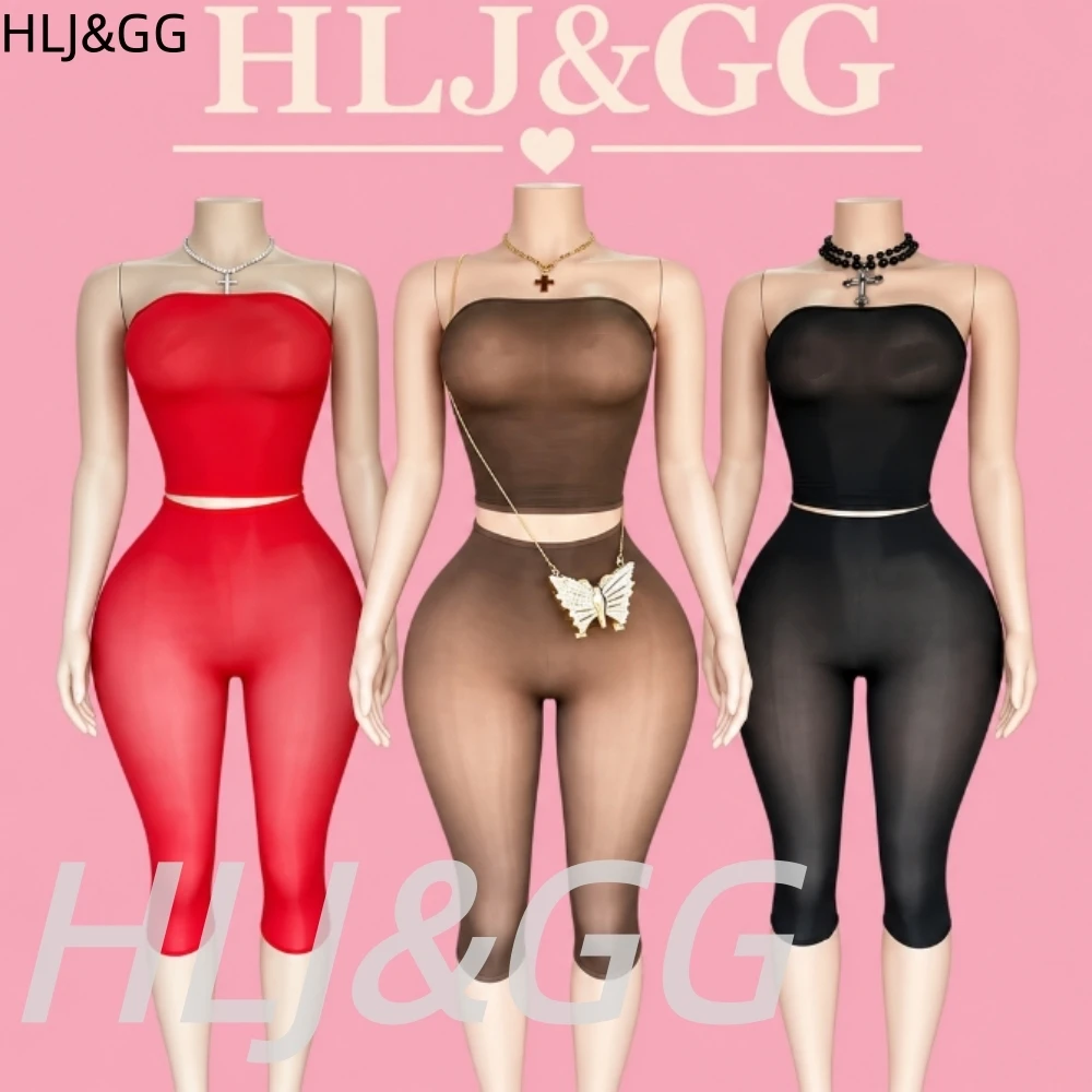 HLJ&GG Fashion Mesh See Though Shorts Two Piece Sets Women Off Shoulder Sleeveless Crop Top And Shorts Outfits Sexy Streetwear