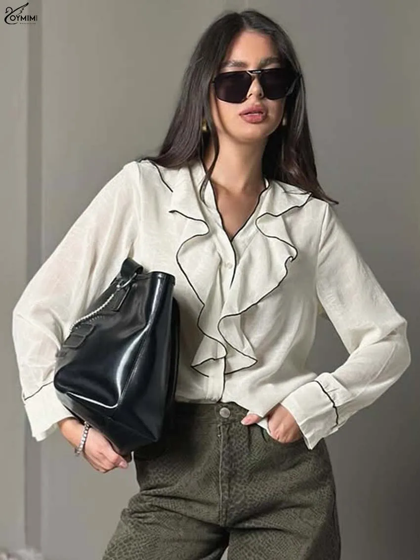 

Oymimi Casual Beige Patchwork Women's Shirt Fashion V-Neck Long Sleeve Blouses Elegant Ruffled Single Breasted Shirts Streetwear