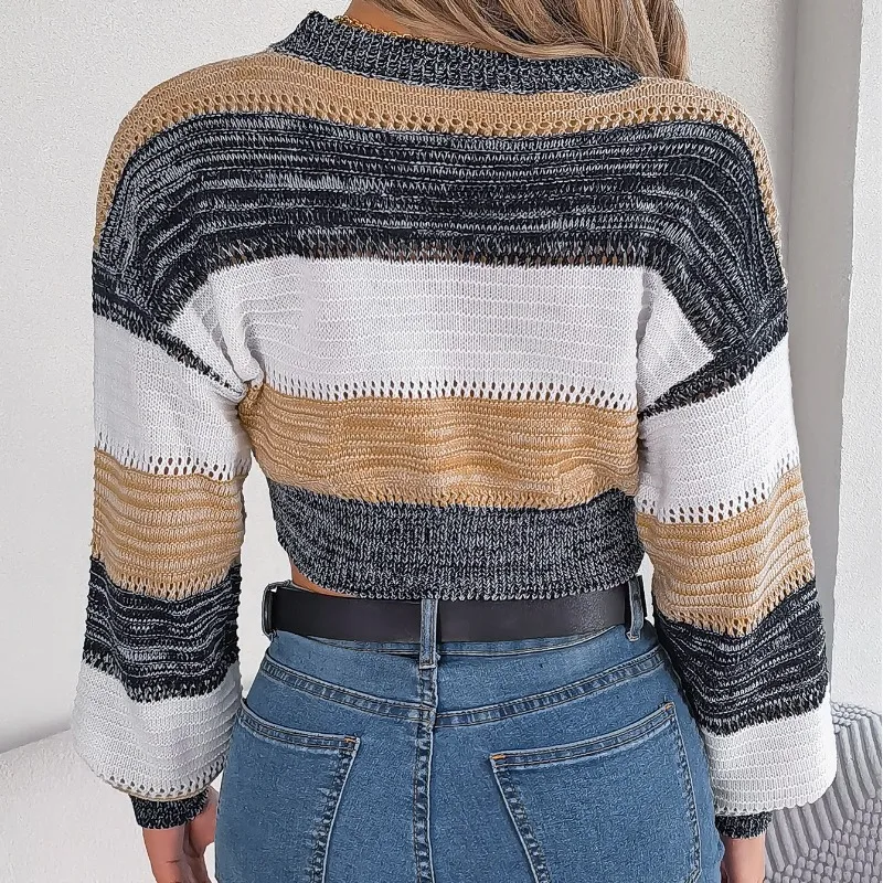 Crew-neck women's knitwear, long sleeve sweater with fluted stripes, stylish sexy knitted top, autumn and winter