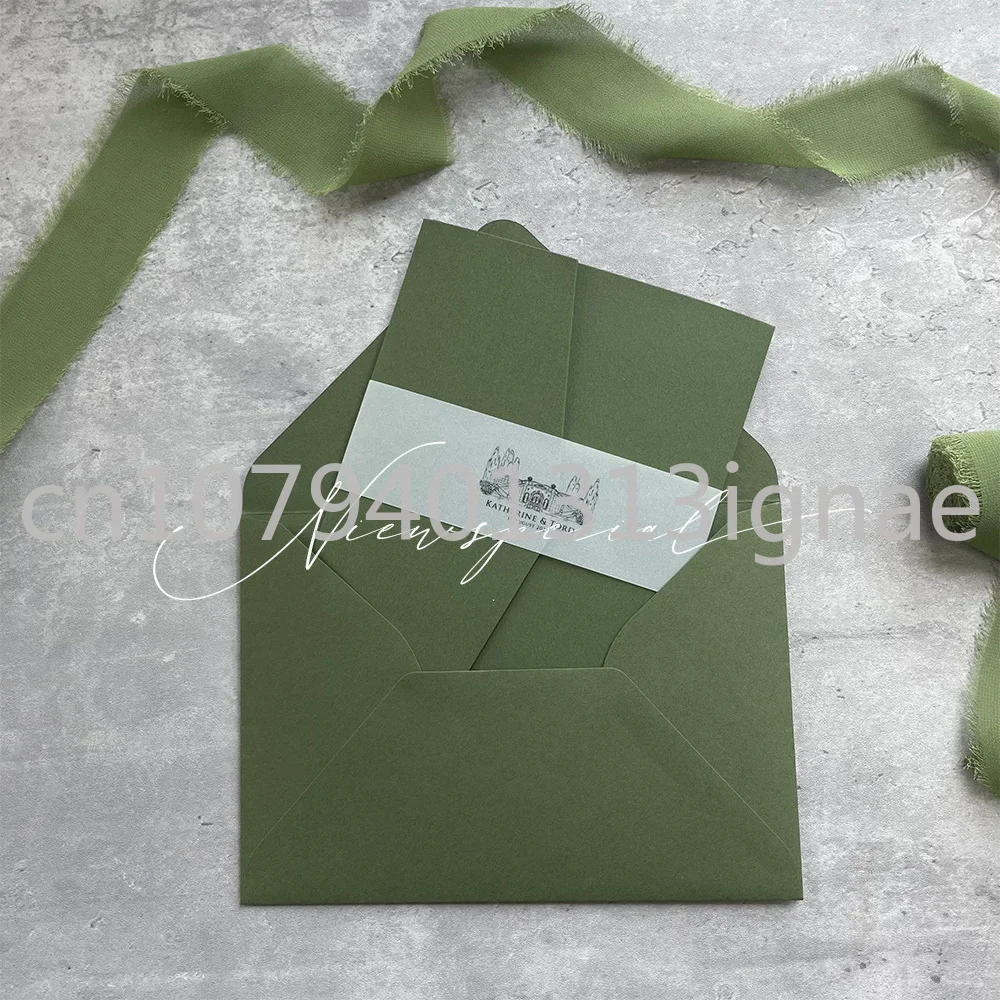 

Greeting Card Invitation Card Green Three Fold Pocket Cover Invitation Customization Wedding Invitation Letter and Customization