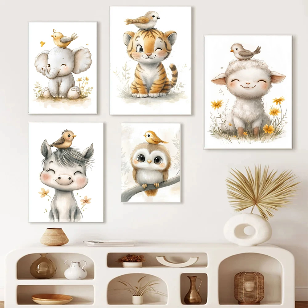 Boho Style Cartoon Animal Illustrations Posters Prints Canvas Painting Wall Art Picture Living Room Home Baby Room Nursery Decor