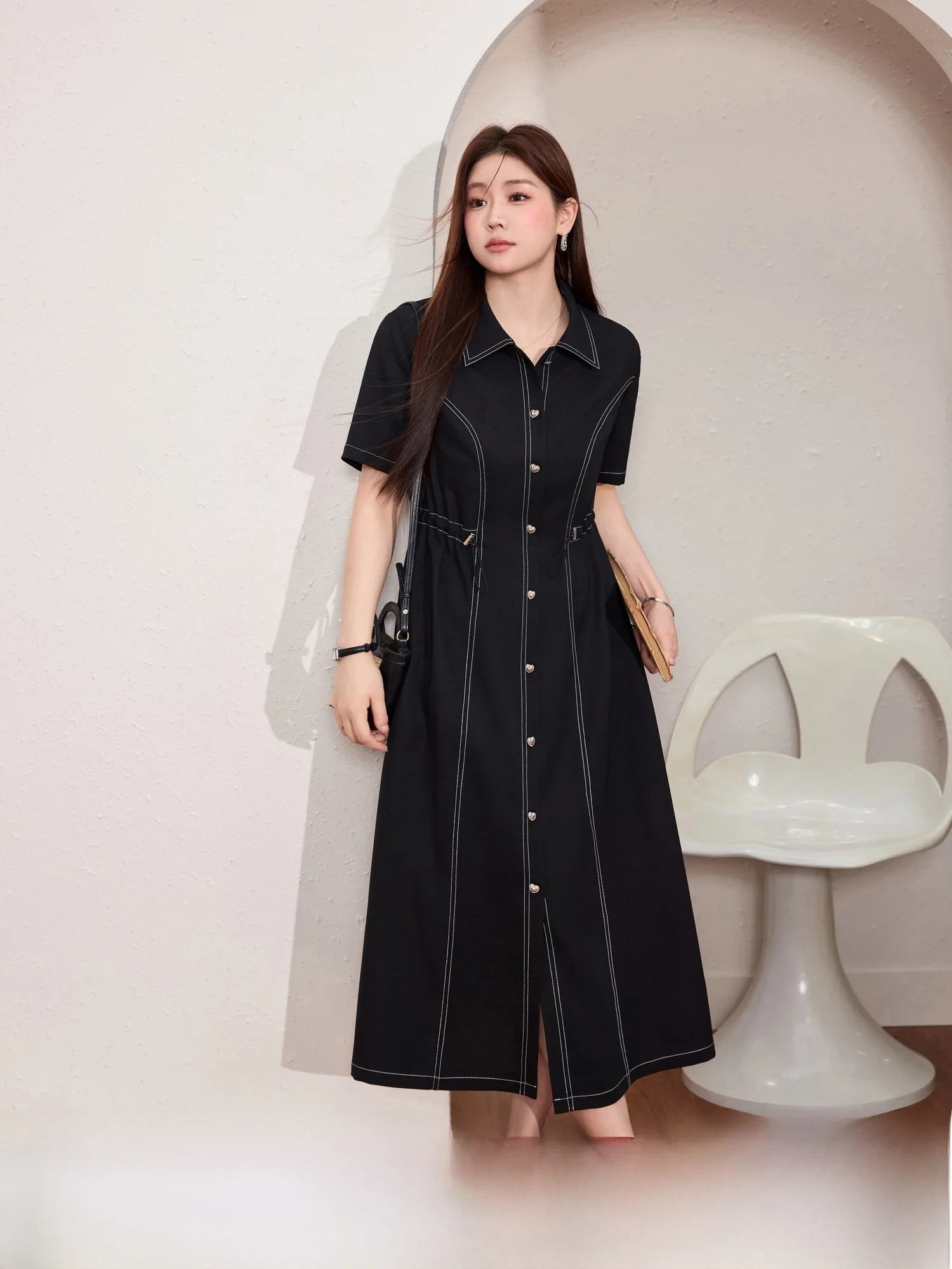 

Ele plus Size Women's Bla Single-Button Waist-Cinching Dr Summer Loose Slimming Long Dr Blue Language Commute Sle