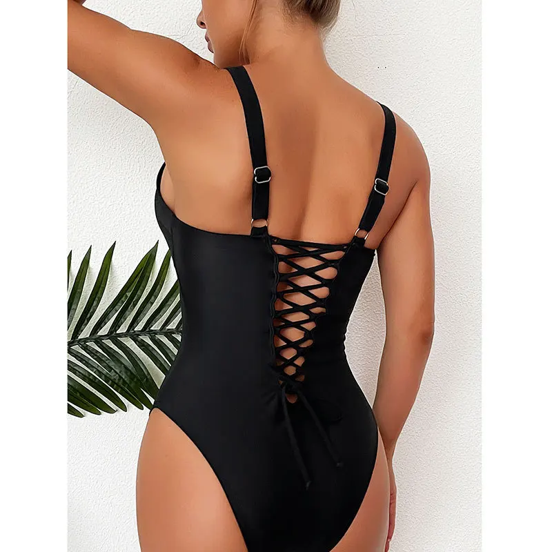 Traje de baño de talla s-xxl para mujer, bikini de una pieza con vendaje en la espalda negro, traje de baño de cintura alta, trajes de playa, bikini