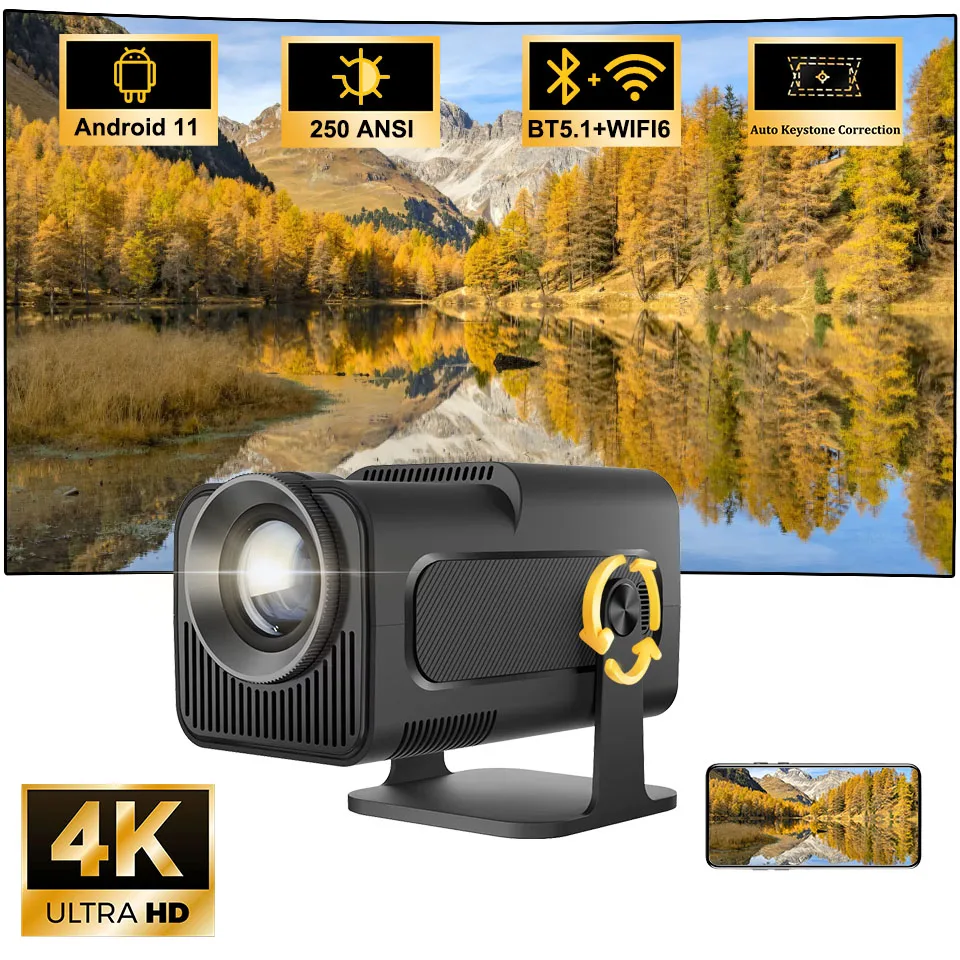 

4K Projector Full HD HY320 KaiAqua WiFi6 250 ANSI Lumen Auto Keystone Correction Bluetooth 5.1 Home Theater Device LED Projector