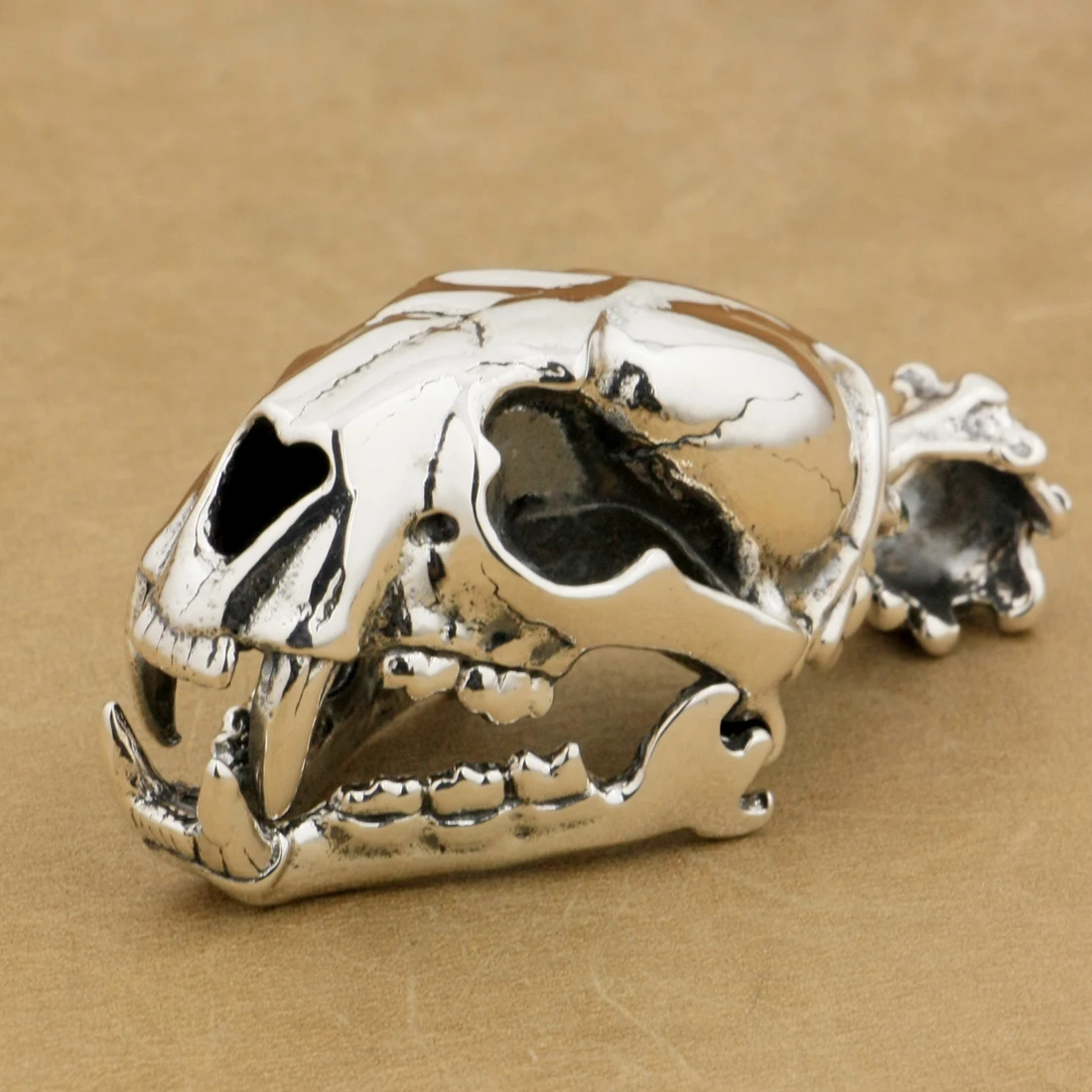 Huge Heavy 925 Sterling Silver Tusk Fang Tiger Lion King Skull Pendant 9T024