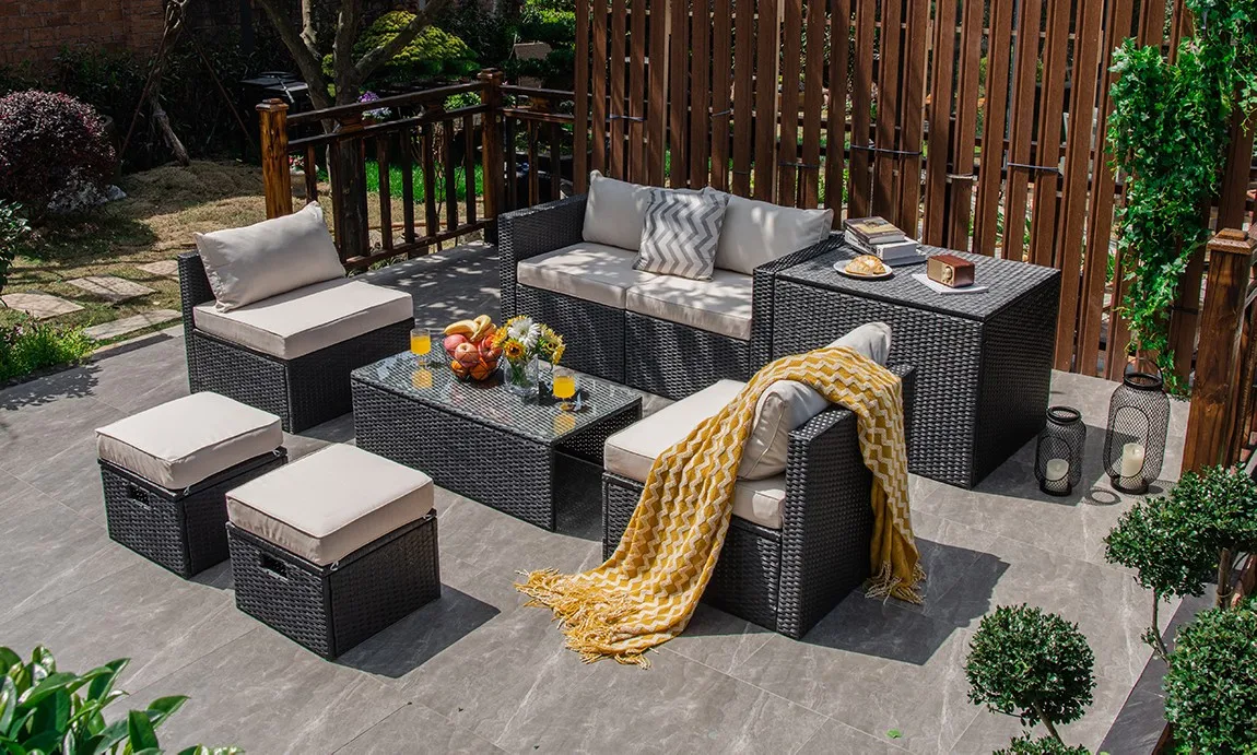

Outdoor 8PCS Rattan Furniture Set Storage Table Ottoman Off White