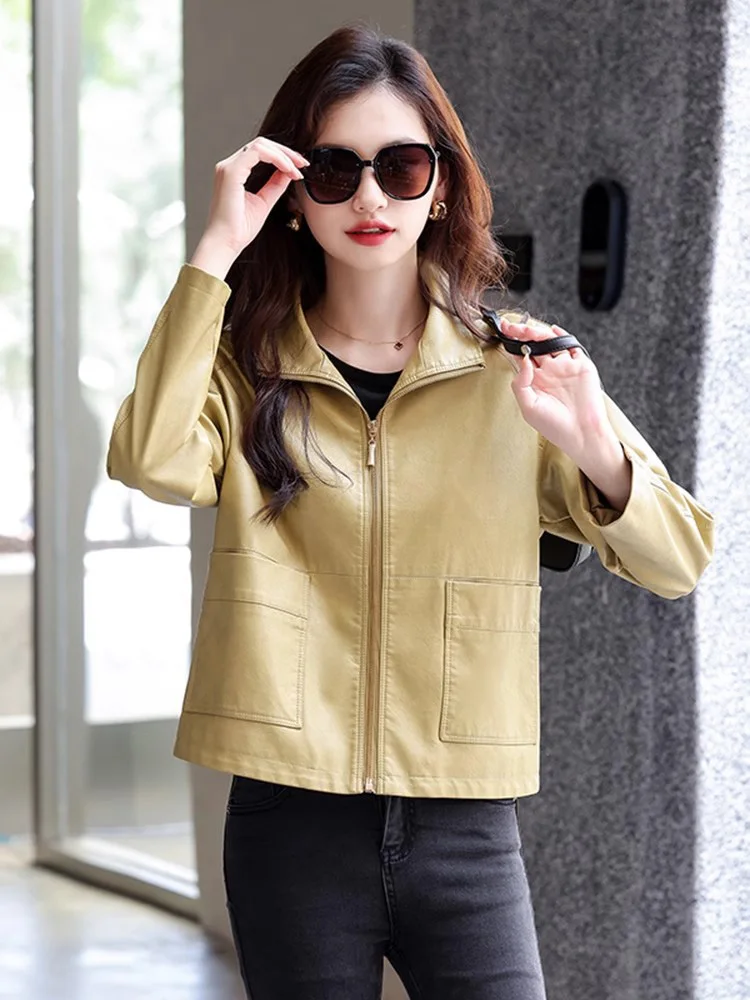 New Women Short Leather Jacket Spring Autumn Fashion Stand Collar Zipper Fly Casual Loose Black Coat Split Leather Outerwear