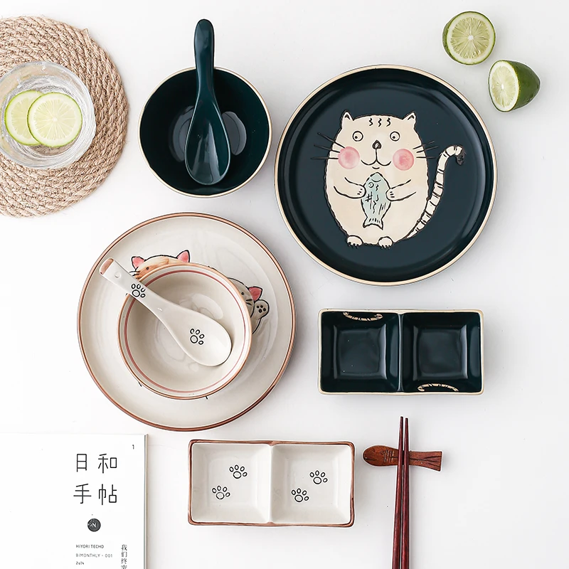 Japanese Ceramic Tableware Set Exquisite Ceramic Bowls Chopsticks and Dishes Single Person Set Creative Retro Gift dinner plates