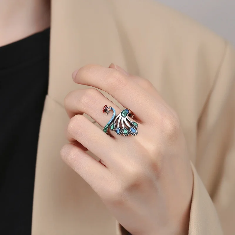 Retro Enamel Burnt Blue Peacock Ring Women Jewelry Adjustable Personalized S925 Silver Ring Lady Ethnic Style Hand Accessories