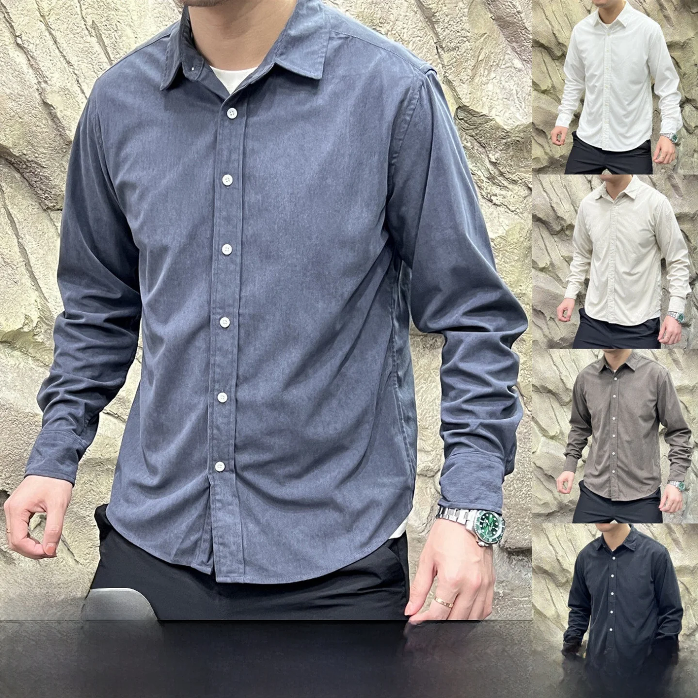 

Ultra-Thin Stripe Corduroy Casual Collar Long Sve irt Line Autumn Faion Men's Stand Fit Breathable Polyester