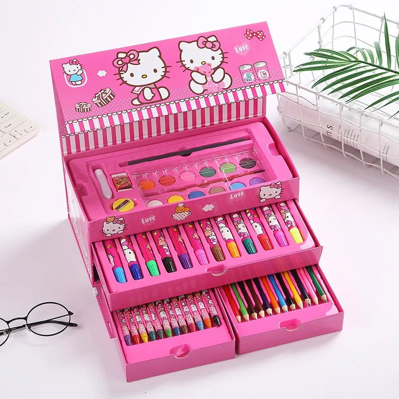 Sanrio Hello Kitty Painting Gift Box Stationery Set Student Brush Portable Anime Figure Watercolor Pen Kawaii Girl Birthday Gift