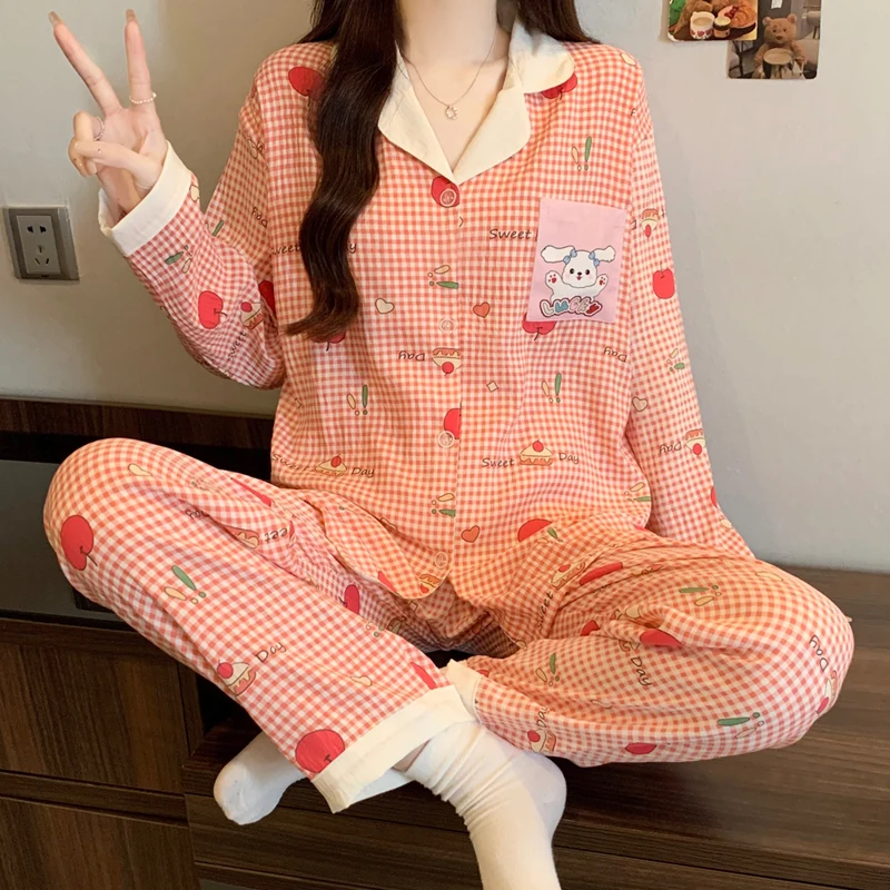 

spring autumn Women Pyjamas Set cartoon printed Tops and Pants Satin cardigan sleepwear Loose 2 Piece pajamas Loungewear Outfits