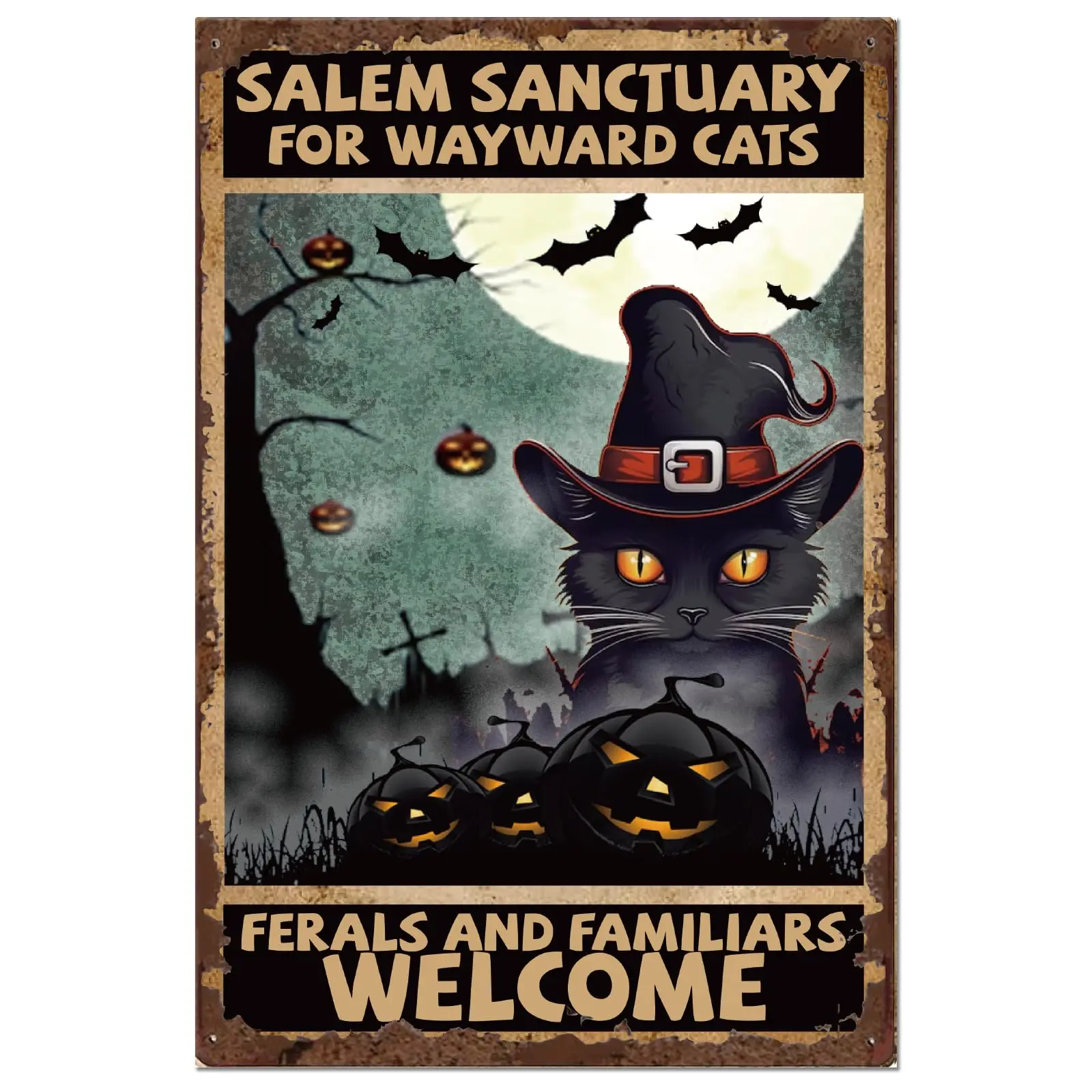  Halloween Metal Tin Sign Black Cat Vintage Metal Sign Salem Sanctuary Tin Painting Plaque Welcome Wall Art Poster for Halloween