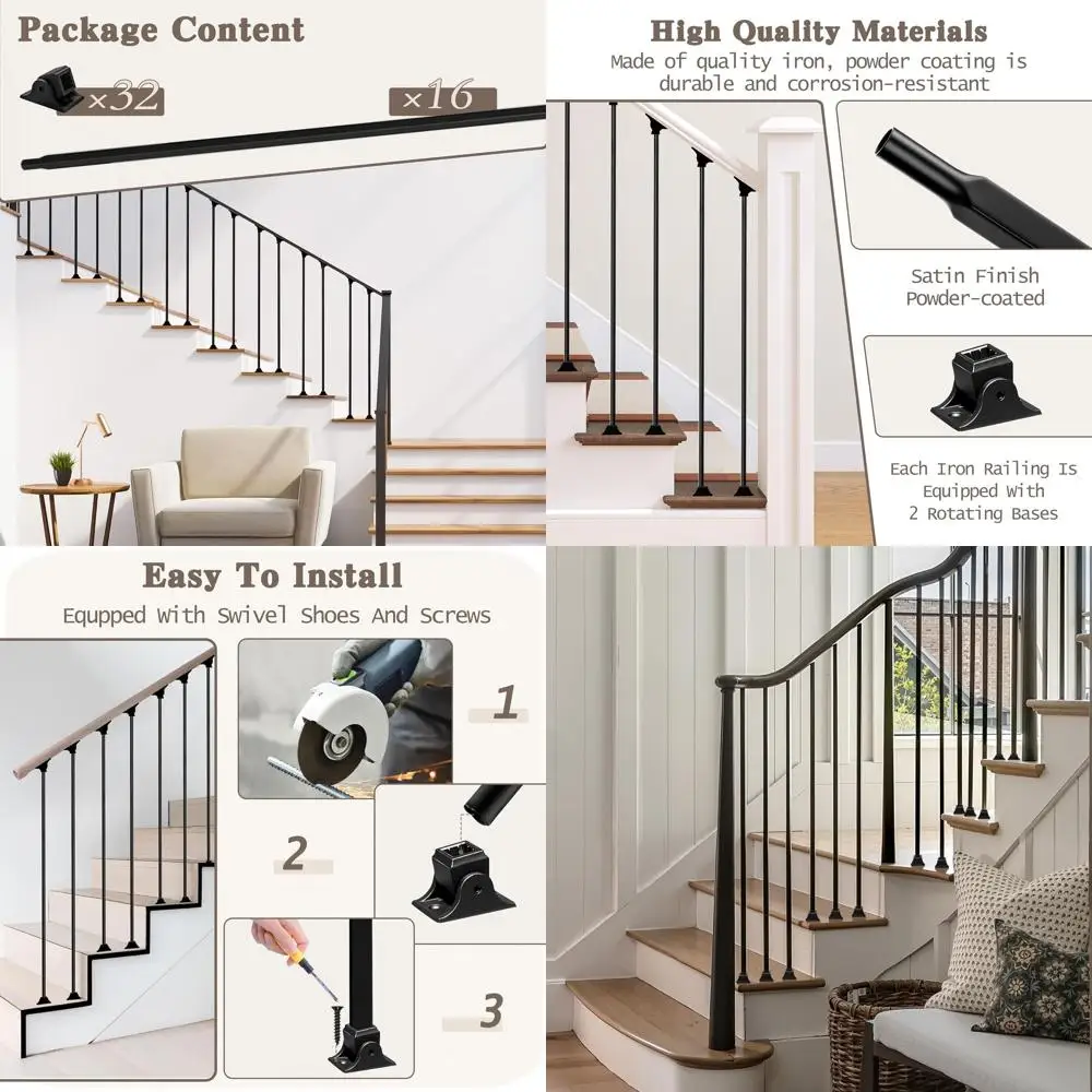 

16-Pack Hollow Straight Iron Balusters, 1/2 x 44 for Staircase and Deck Railing, Matte Black with 32 Mixed Swivel Shoes
