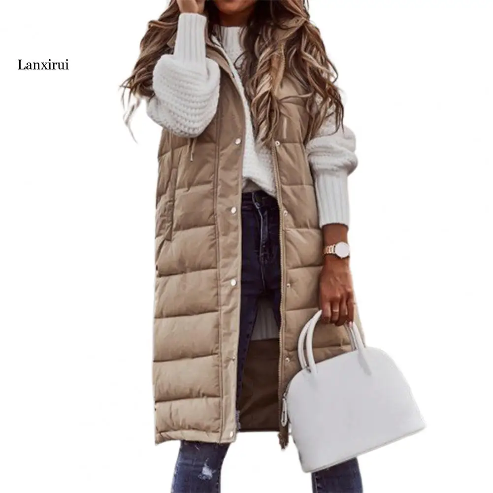 

Women Vest Coat Simple Solid Color Hooded Waistcoat Jacket Loose Long Vest 2021 Winter Thick Warm Sleeveless Overcoat