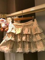 Woman High Waist Polka Dot Lace Bow Cake Skirt Sweet Kawaii Y2k Mini Skirt Lolita Japanese Style Fashion Skirt Autumn Winter