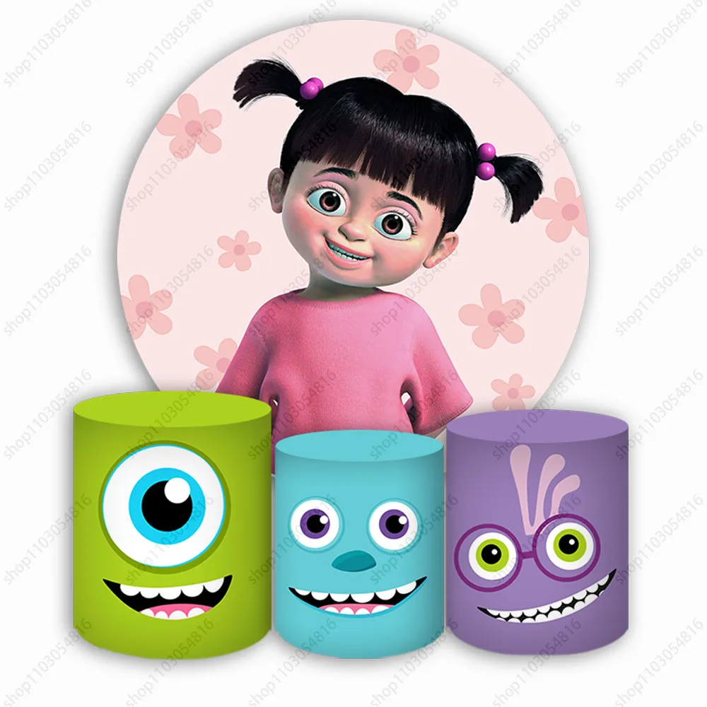 Fondo de fotografía redondo de Monsters Inc Boo con cola de caballo doble fiesta de cumpleaños círculo foto fondo cabina zócalo cubre