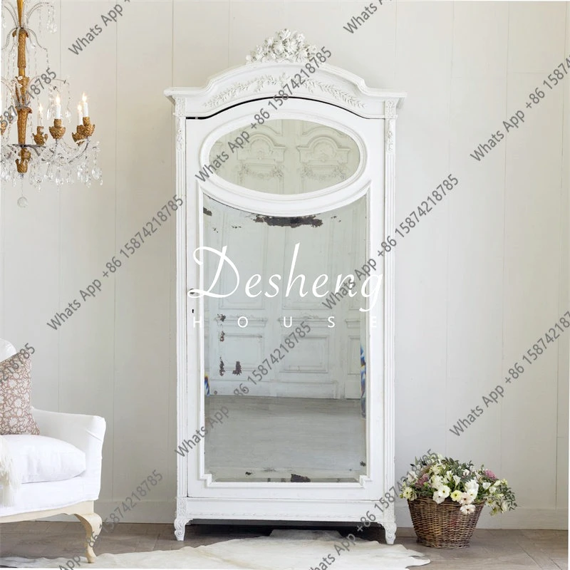 

French antique solid wood wardrobe European hand-carved retro old bedroom wardrobe with full-body mirror export complete