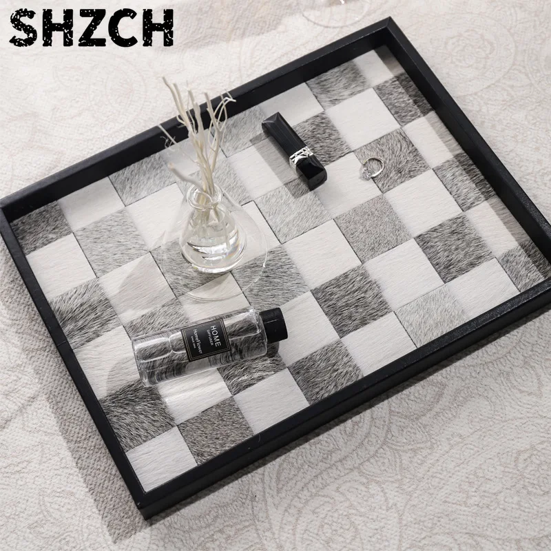 Checkered Decorative Tray, Retro Jewelry Tray Dresser Tray for Makeup Perfume Organizer, Horsehair Wooden Vanity Tray