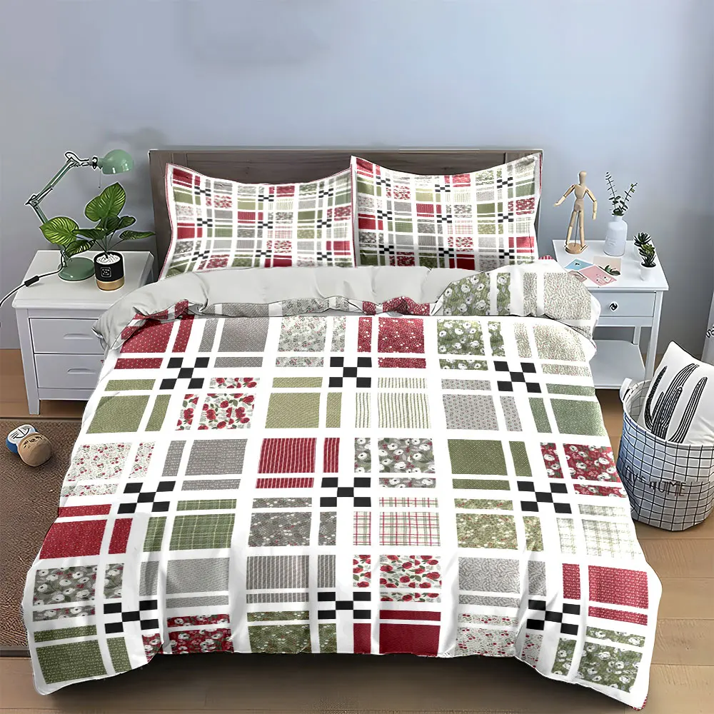 Vintage Red Green Floral Patchwork Quilt Bedding Set, Country Plaid Dot Stitch Grid Print 1 Duvet Cover And 2 Pillowcase, Gift