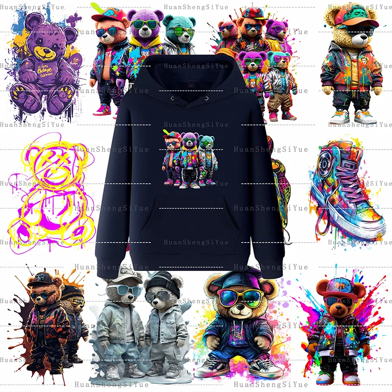 Cool Teddy Bear Ironing Clothes Heat Transfer Stickers DTF Fashionable T-shirts Hoodies DIY Jackets Patch Heat Stickers