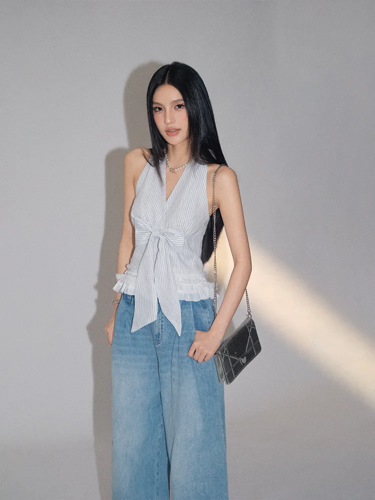 

Olivia Duo Knot Stripe V-Ne ter Top Lace Hem Spicy Girl Cotton Blend Casual Workwear Breathable Women's Vest