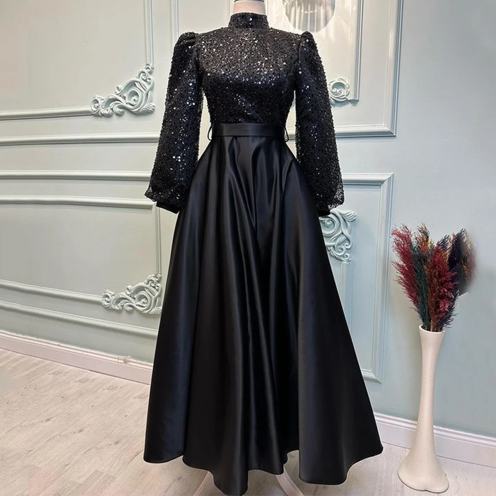 

Flechazo Elegant Sequin and Satin Evening Dress High Neck Lantern Long Sleeves A-Line with Belt Ankle Length Women Party Gowns