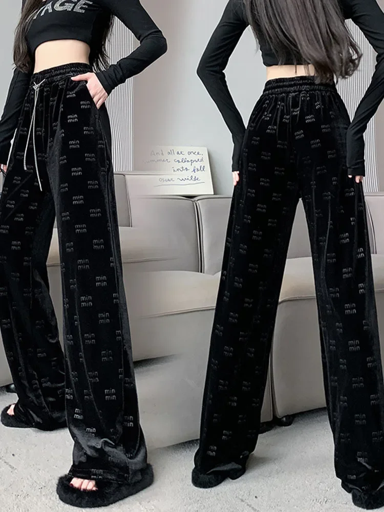 Velour High Waisted Pants Woman Print Wide Leg Belted Comfortable Elastic Waist Black Autumn Winter 2024 Fashion Clothing