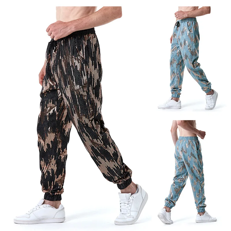 Men's Pants Metal Sparkling Nightclub Bar Leisure Stage Clothing Slim Fit Elastic Sequin Fashion Pattern Performance Clothing