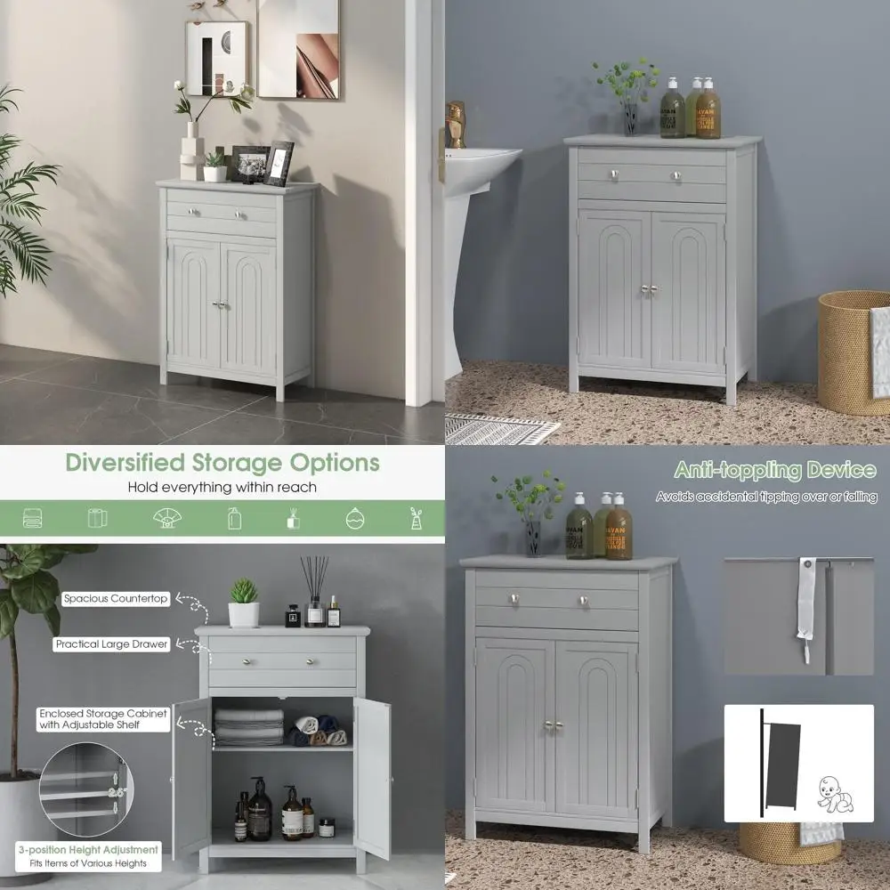 

Grey Bathroom and Kitchen Storage Cabinet with Adjustable Shelf, 1 Drawer, 2 Doors