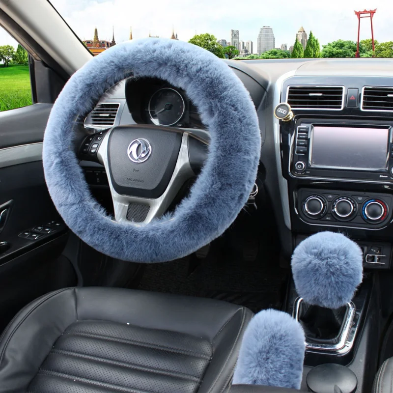 

3Pcs/set Solid Soft Warm Long Wool Fuzzy Steering Wheel Cover Woolen Handbrake Car Accessory Sheep Fur Plush Protector Cover Kit