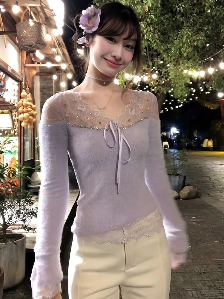 

Ele V-Ne Long Sve Knitted Top Women's Autumn Winter Lace Splicing Base irt Knot Belt Personali Unique Top