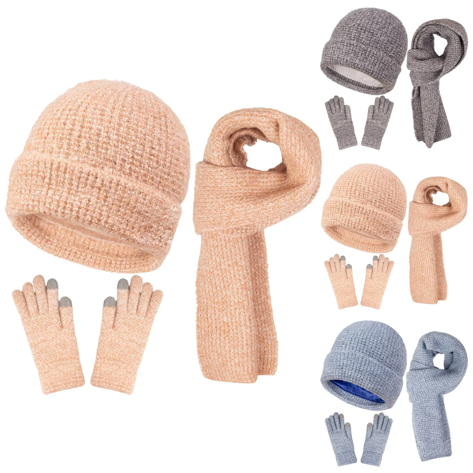 Unisex Effen Kleur Hoed Sjaal Handschoenen 3-delige set voor mannen Outdoor Warmer Sjaal Hoed Winter Dames Pluche Beanie Cap Winddichte handschoenen