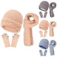 Unisex Solid Color Hat Scarf Gloves 3pcs Set for Men Outdoor Warmer Scarf Hat Winter Women's Plush Beanie Cap Windproof Gloves