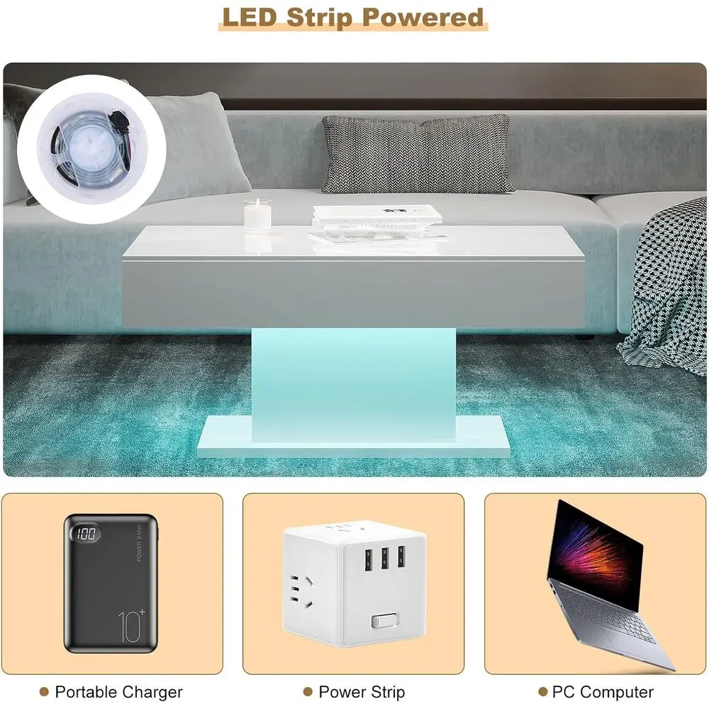 Moderner rechteckiger LED-Couchtisch mit 16 Farboptionen für Wohn- und Esszimmer, weiße Oberfläche