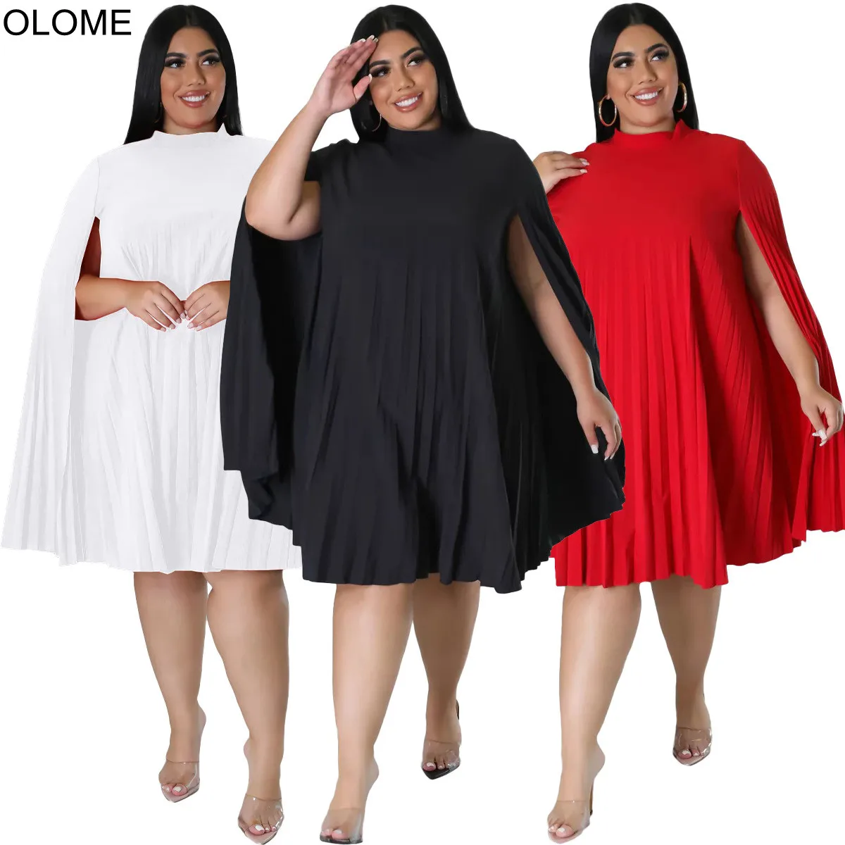 

Big Size Pleats Dress Woman Fashion Autumn Cape Short Sleeves O Neck Solid Casual Loose Dresses Party Clubwear