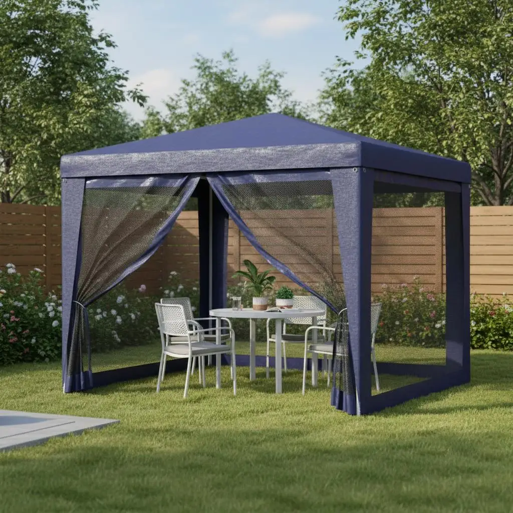 Tente de fête avec 4 parois latérales en maille bleue 3x3 m PEHD, idéale pour les jardins, les terrasses et les parcs.