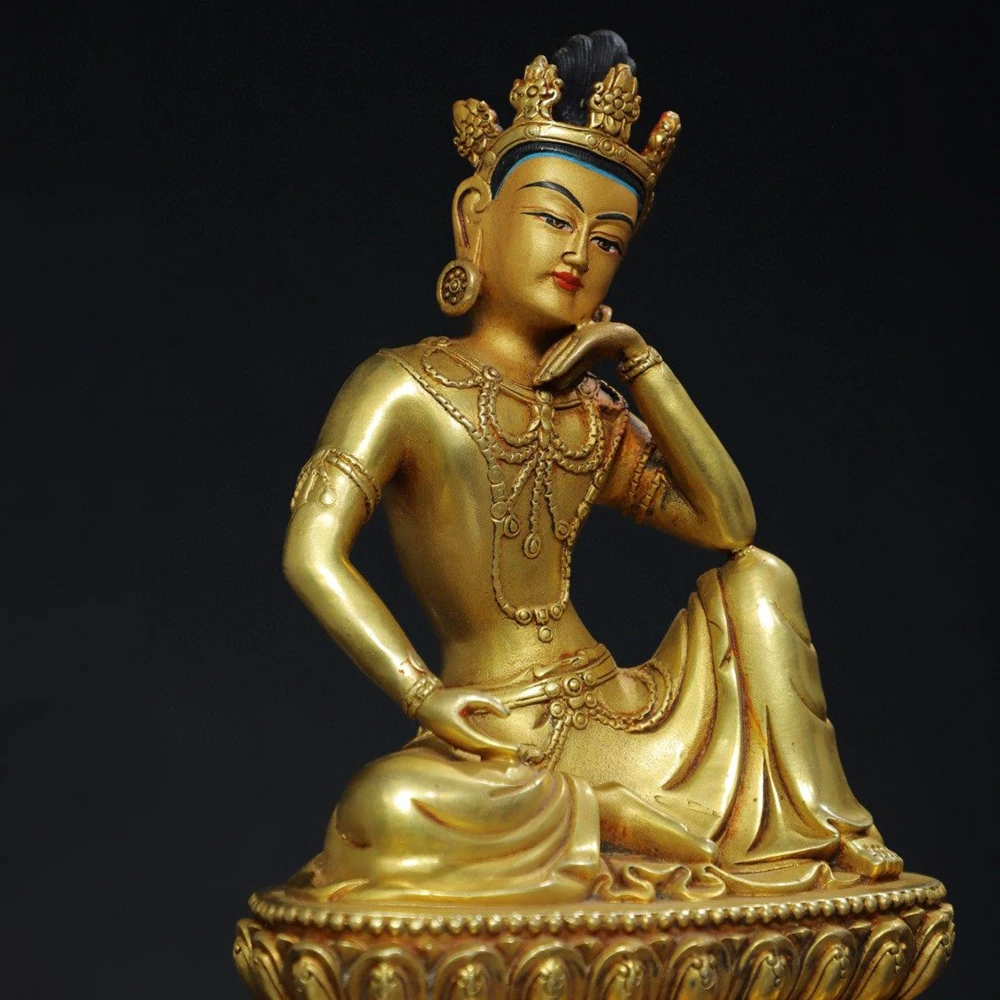 Zizai Guanyin Bodhisattva Pure Copper Gilded Statue Home Temple Desk Decor Art Craft Antique Gift