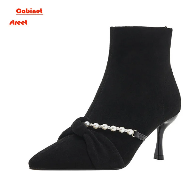 New Pearl Black Ankle Women Autumn Boots Female Large Size Fashion Single Boots Small Women's Shoes Winter Temperament