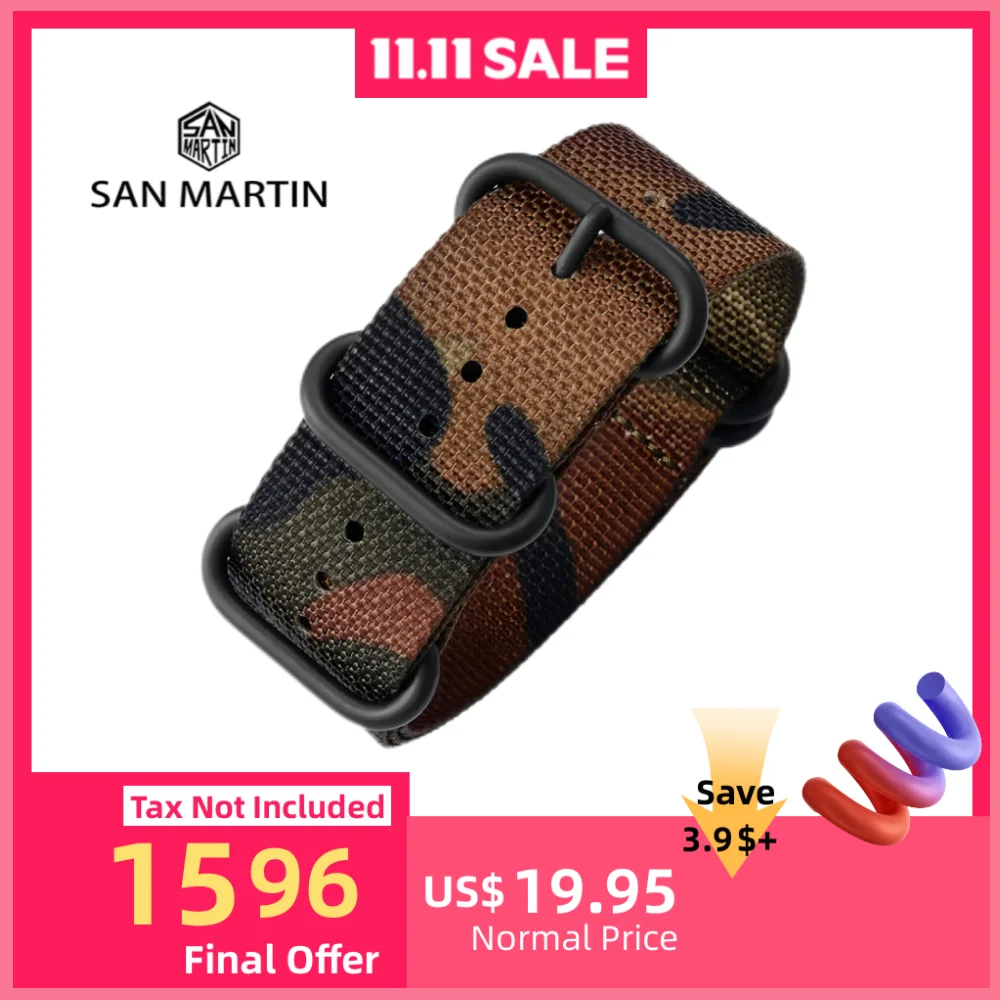 

San Martin Military Nylon Strap For Watch 20mm 24mm Watchband Breathable Canvas Wrist Band Army Green Camouflage Pin Buckle Belt