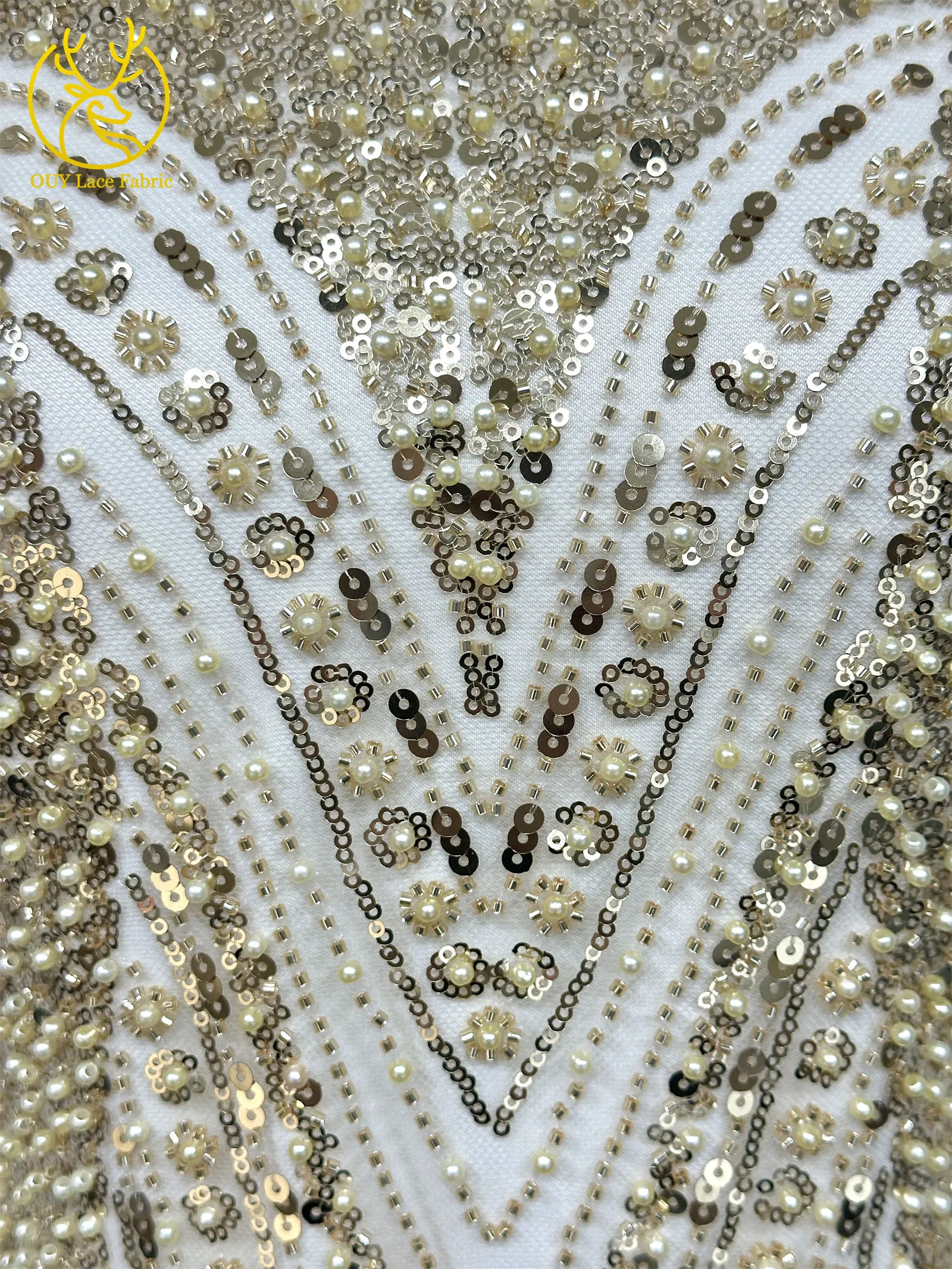 Luxuriöser Goldener Afrikanischer Bräutigam-Spitzenstoff mit Stickerei und Perlen, 5 Meter Französischer Tüll-Spitzenstoff für Nigerianische Hochzeitskleider – Detail 12