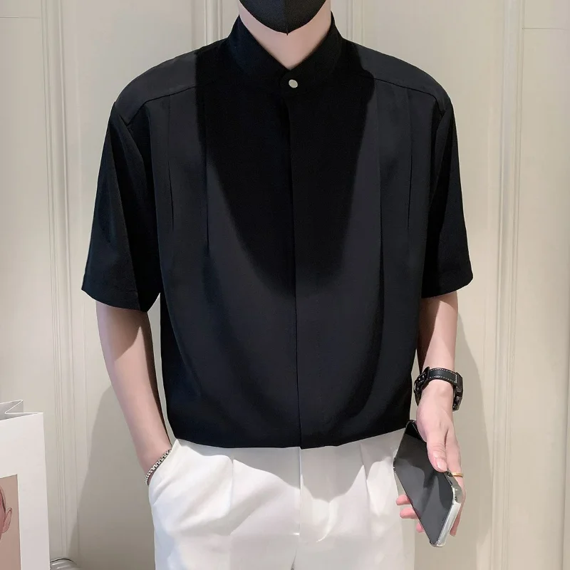 Korean Style Fashion Summer Shirts New Men's Solid Stand Collar Button Pleated Smart Casual Minimalist Loose Half Sleeve Tops