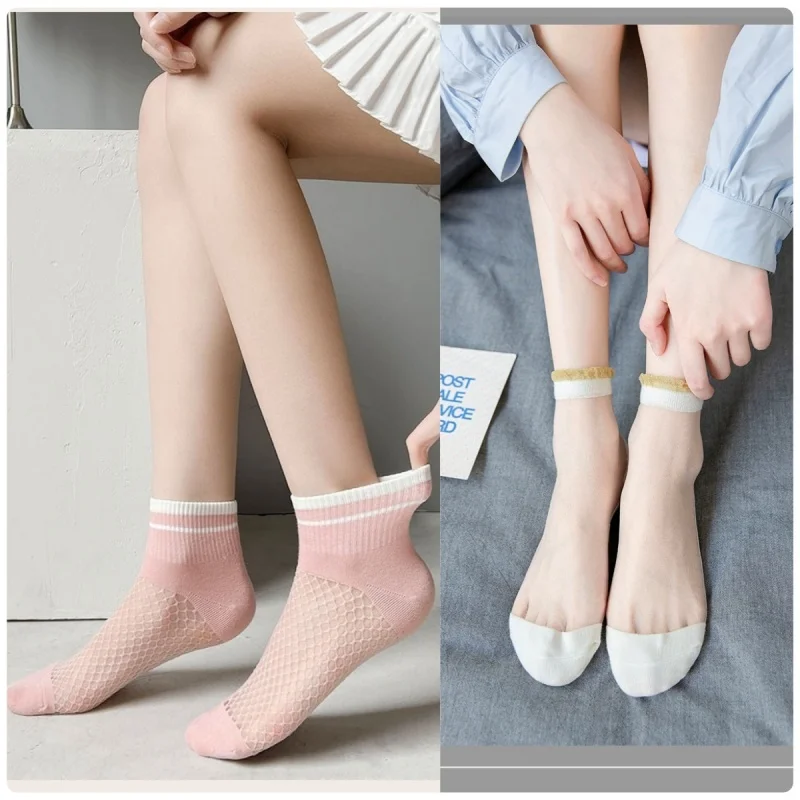 6 Pairs Breathable Ultra Thin Glass Silk Women\'s Socks Transparent Crystal Silk Sockken Short Tube Fashion Female Socks Lace