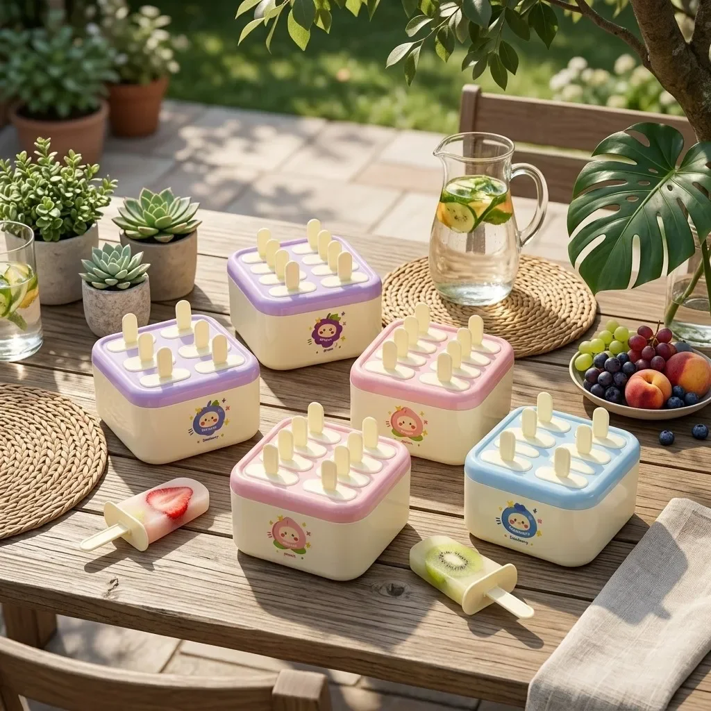 8 Grids Reusable Ice Cream Mold With Box Food Grade Plastic Ice Mould DIY Popsicle Molds Easy-Release Ice Maker Kitchen Tools