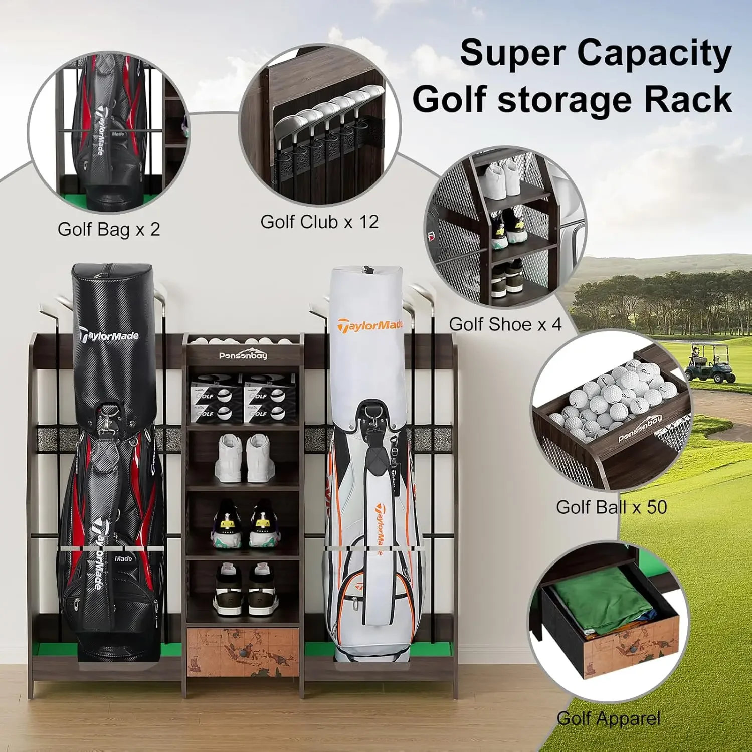 Organizer for Garage, Premium Wooden 2 Golf Bags Rack with Drawer, Easy Assemble Golf Club Stand/Holder Suitabl